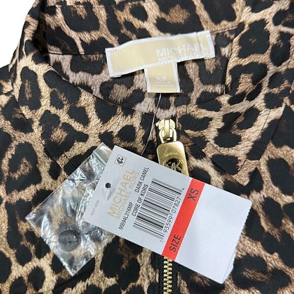 MK MICHAEL KORS Leopard Cheetah Print Long Sleeve Roll Tab Lightweight Zip Up Da - Picture 2 of 6